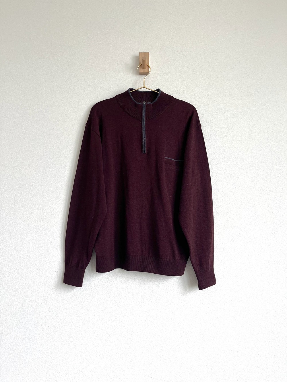 Mens Wool Blend Quarter Zip Sweater Burgundy Red Grey Trim Pullover - Size L